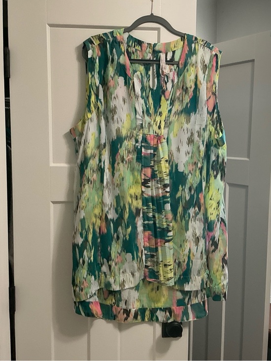 Melissa McCarthy Tops - Melissa McCarthy Sleeveless High-Low Dress in Teal, Yellow & Pink Abstract Print